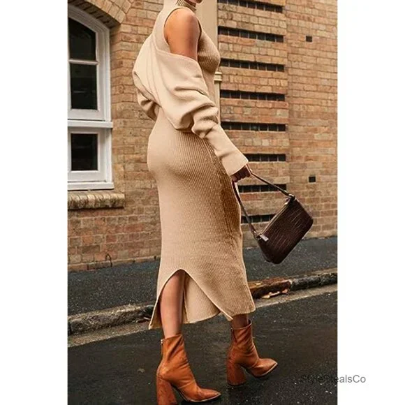 Slim Fit Knit Sweater Dress Set With Cropped Cardigan, Mock Neck, Long Sleeve - Picture 2 of 7